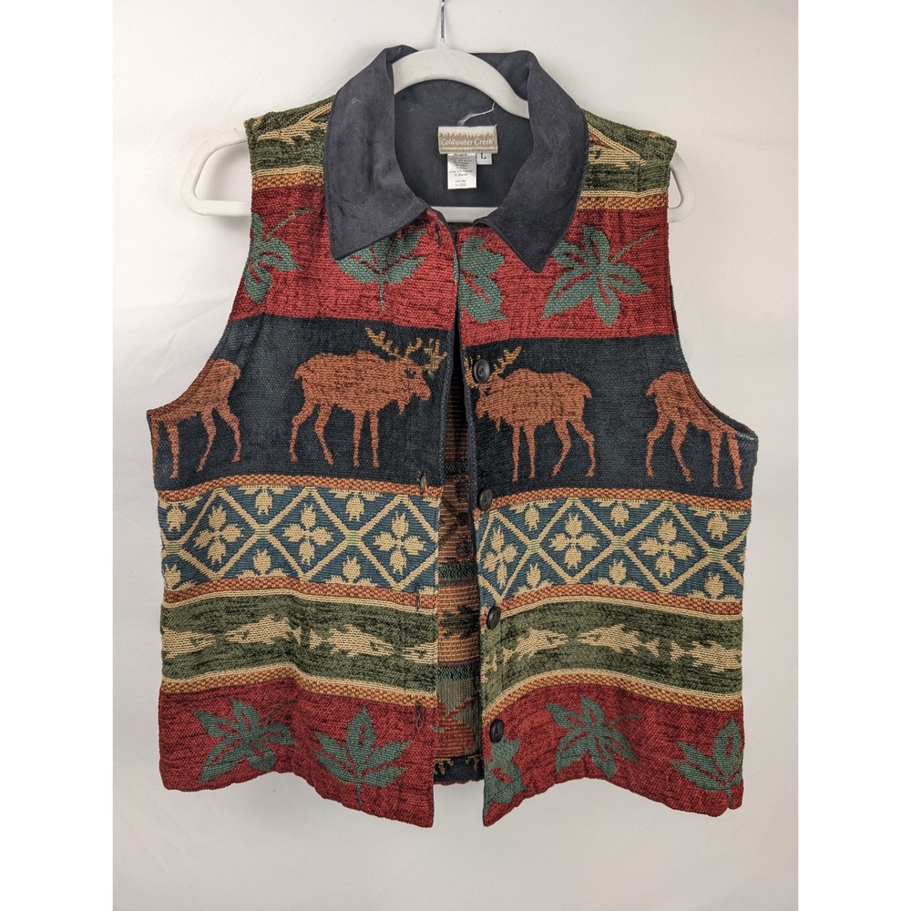 Vintage 90s Wildlife Tapestry Vest Size L Moose Fish Outdoor Hunting Cottagecore